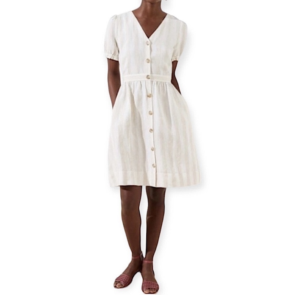 LOFT | Linen Blend Puff Sleeve Button Front Midi Stripe Dress Size 12